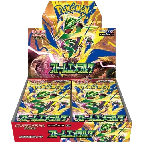 Japanese Pokémon M6 Storm Emeralda booster box featuring Mega Rayquaza artwork and an open display of booster packs.