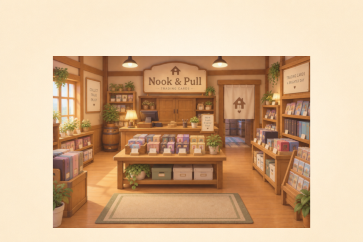 Cozy illustrated Nook & Pull trading card shop interior with wooden shelves, Pokémon and One Piece card display, and warm lighting.